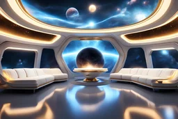 the interior of a spaceship, luminous, sparks of light, in the distance galaxies and planets, radiation, gold, white furniture comfort, lines of flashing lights surround the very white furniture.,peaceful, magical and future atmosphere. big screens with pictures and charts