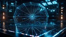 Ultra-realistic, illuminated hologram, coming from a prototype holographic emitter, showcasing detailed close-ups capturing the delicate intricacies and patterns of a sci-fi fantasy spiderweb, in a futuristic laboratory at night, dimly lit, sci-fi cinematic background.