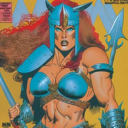 Mujer guerrera en armadura por MTV. Dibujo estilo comic pulp de 1980, barbaros.