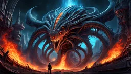 an otherworldly creature from another dimension bringing fire down from above, 8k resolution, intricately detailed , triadic colors, dynamic lighting, H.R. Giger, Max Ernst, James Gurney, Dan Mumford, baroque, matte painting, astral, holographic, biopunk, post-apocalyptic, trending on Artstation, ultra detailed, sharp focus