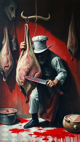 Bosch style painting , A shadow of a spirit inside a bloody butcher store , the butcher is warring bloody cloves and butcher hat cutting a big cow meat hanging with hooks with details on red bloody background of a meat store , blood is everywhere on the wall and his clothes,