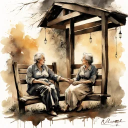 old husband and wife sitting on a porch swing of a rustic cozy country house holding hands, wooden "WELCOME" sign, impressionism, watercolor painting, rough long brush strokes, dark background, ink splatter, depiction of light in in its changing qualities, romantic, nostalgic, by Claude Monet and Bill Jacklin, dynamic diagonal composition, by Russ Mills, warm colors