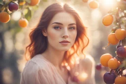 Beautiful woman, apricot, plum, beautiful composition in sunshine, ethereal, cinematic postprocessing, bokeh, dof