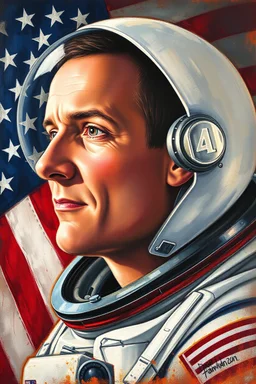 an expressive painting of Apollo 11 Armstrong side view face with the American flag in the background, might see a companion with features of absolute strength and determination, blended with warmth and deep faith. Perhaps his head expresses wisdom and courage, with eyes radiating confidence and faith.