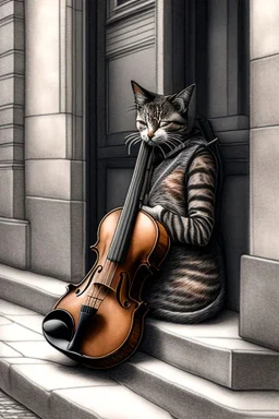 One single mature homeless cat, sleeping in a corner on the street, violin case, Vienna, mourning, model style, hyper realistic, extremely accurate, delicate, extremely detailed, Graphic novel style, wide-angle, open aperture, superfine pencil