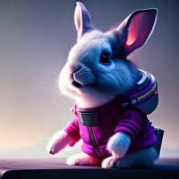 pixar style anamorphic cute cyberpunk rabbit baby, smiling, full body, magenta puffer jacket, manila city backdrop, hyper realistic, unreal engine 5, 16k,