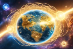 The Planet Earth with a bright web of gold Energy passing through, that connecting all things. The Planet has a magic luminous aura and the background is a bright cosmo