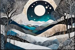 abstract paper collage overlayed with Zentangle patterns that depict the vastly diverse landscape of Nature bathed in pale moonlight of winter, highly detailed, vibrant natural color, with bold ink outlining