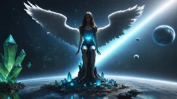 matrix universe, space, planets, god creation, angels from other dimensions with beautiful wings, trees on the planet, behind green crystals of light, few tiberium monolith deposits on the planet near tree,angel with a wings siting on the blue monolith made of blue tiberium crystals of lights, matrix universe, planets on the back grounds, green crystals of tiberium on the life and right