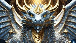 winter, gleaming diamond dragon with golden accents, radiating light, amidst brilliance, symetrical hyperdetailed texture, pearl filigree, concept art, artstation, perfect composition, masterpiece, glittering professional photography, macro, natural lighting