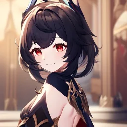 Clear focus,High resolution, black short fluffy hair, long fluffy bangs, and red eyes, Depressed girl, wearing a genshin impact outfit,slight revealing outfit, Smug smile, half closed eyes, smile, outfit pic