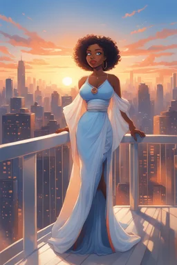 The scene opens onto a serene balcony overlooking a bustling city skyline. The sky above is painted in soft hues of blue and orange as the sun begins its descent, casting a warm glow over everything it touches. In the foreground stands a captivating figure, airbrush chibi cartoon curvy black woman exuding confidence and elegance. She is adorned in a flowing white knit maxi dress that hugs her curves in all the right places, accentuating her silhouette. Her choice of footwear is equally stunning