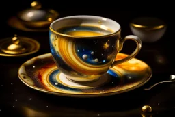 A universe swirling in a beautiful gold rimmed porcelain coffee cup, with planets, stars, steam, masterpiece, in sunshine