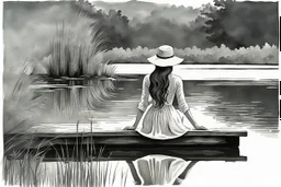 A long hair nice woman in a long vintage dress and hat sitting on the edge of a lake dock looking into the water, her reflection in the water, pale colors, black and white colors, peaceful mood, minimalist background, watercolor, style by Waterhouse, Cezanne, Jian Wu, Claude Monet, Christine Misencik-Bunn