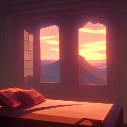 cama, atardecer, ventana