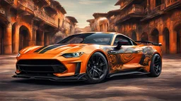 SUPER FUTURISTIC SPORT CAR, orange AND BLACK MATE PAINT AND DETAILS, 3/4 VIEW ANGLE, SHINNING detail of PAINT intricate detailed extremely epic athmospheric costume and ancient roman hyperrealistic background full body portrait art, EPIC STREET BACKGROUND, mustang INFLUENCED