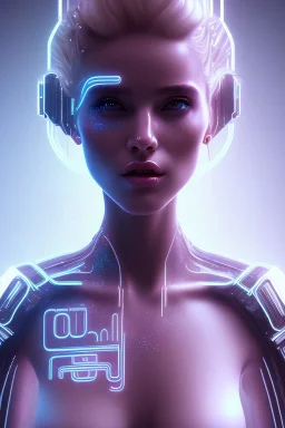 cyberpunk, head, women, portrai, tron sketch of a girl on lined paperA beautiful one nude body of a make up smiling woman blond long hair, alone, high key lighting, volumetric light high details with white stripes and blue eye, smiling with plump pink lips, flowers around, unreal engine petit prince belle fine, profil de trois quart, grand front cosmique, peau bleu cristalline, yeux bleu, perle sur le front long cheveux blond et rose etoilé, cristaux sur le corps, collier de grande princesse, l