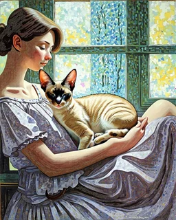 Oriental shorthair Siamese cat sleeps on the lap of a woman in a simple dress, the woman looks out the window, in the style of a Odilon Redon Modifiers: portrait pointillism patchwork 3D, in the style of Henri Rousseau, by Horace Pippin pastel rubbed on coarse-textured paper with watercolour flowing over it