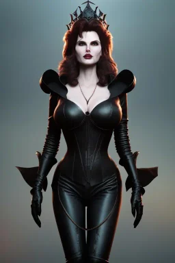 Geena Davis as evil queen in black leather, leather, busty, cleavage, angry, rage, stern look. character design by cory loftis, fenghua zhong, ryohei hase, ismail inceoglu and ruan jia. unreal engine 5, artistic lighting, highly detailed, photorealistic, fantasy