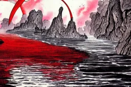 The red hot River Styx leading to hades, Charon, high detail, Watercolor, fine detail, high quality, masterpiece,