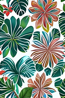 well defined geometric tropical flower design repeat pattern in three colours