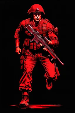 poster of a soldier running towards viewer, a knife i one hand, and an assault rifle(pointing at viewer) in the other. retro poster monochrome