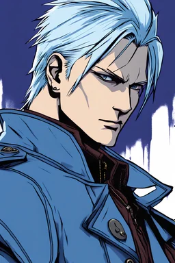 an illustration of vergil from devil may cry, with blue colored hair, with a set of pointy ears, wearing a blue trench coat