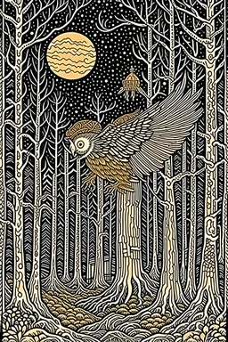 baba yaga flying at night in the forest, crazy detailed illustration in style of Vasnetsov