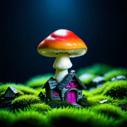 "Close up of a wonderful tiny Mushroom Tower home. Orange and red with bright white, deep black and contrasting tones of gray magenta and violet colors. Illuminated bioluminescent forest. Professional painter, master at composition. small but detailed. broken, blurred background, voluminous lighting"