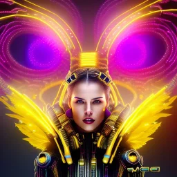 Sweet cyber beewoman, Rosalia artist, cold ambient, rain, fog, latex, cables, purpurin, black, gold, rings piercing, yellow, decorative color feathers, circuits, neon style, a lot of led lights, fog, rain, vibrant color, highly detailed, art stations, concept art