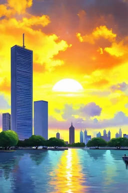 sunset, buildings, lake, city, park, cyberpunk, distopic, sci-fi, photography