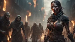 a horrifying female necromancer leading an army of rotting zombies through burning city. fantasy setting. armor melted into the skin. blood. intense horror. blind terror. scared to death. a masterpiece, fantasy concept art, dynamic lighting, hyperdetailed, intricately detailed, deep color, Unreal Engine, volumetric lighting, Epic cinematic brilliant stunning intricate meticulously detailed dramatic atmospheric maximalist digital matte painting