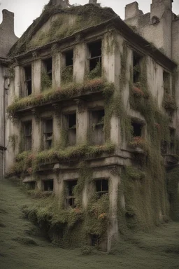 skeletal derelict buildings with hanging plants and vines, with coloured fungi and mushrooms on the walls