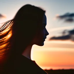 Silhouette of the head of a young lady with long flowing hair in a slight breeze. At sunset in Czech nature.