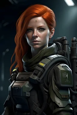 Mujer cabello rojo soldado ciencia ficción