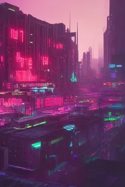 Brutalist style architecture cityscape, neon lights, vibrant billboards, traffic