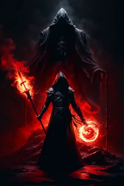 the blood dripping sorcerer known as The Shadow of Death using the staff of destruction. black bloody fire. fantasy art, Cinematic lighting, Volumetric lighting, Epic composition,