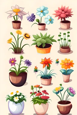 All types of flowers pot illustration ,white background ,cartoon style