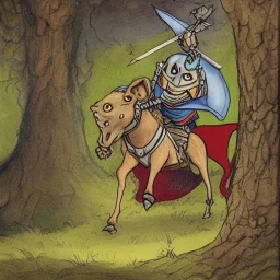 Portriste,d&d, "medievil warrior running away from a Giant squirrel"