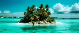 A turquoise blue island with palm trees painted by Antoni Gaudi