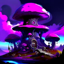 A fantabulous black, magenta and blue (((mushroom tower house))) erected atop a (geologic pillar), surrounded by the uncanny imaginative ((( swirling skies))), offset by the stark hues of a (neon-tinged nebulous space scape), within. captured by the hand a skilled master painter with a focus on (softly blurred compositions and voluminous lighting).