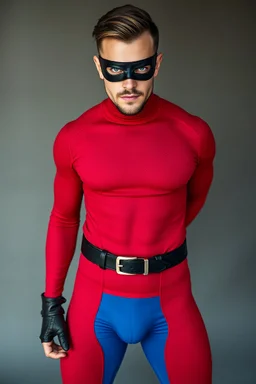 full-length, A portrait of a man with piercing blue eyes, a chiseled jaw, goatee, timeless face, stern expression, Wearing a skintight formfitting red, textured cotton hero suit, he wears a thin, black leather, bandit eye disguise over his eyes, blue trunks, a black belt with silver buckle, black wrist gauntlets, knee-high black leather boots