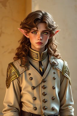 femboy, solo, half-elf wearing beige fancy noble clothes, gold eyes, short, tanned skin, full body, femenine face, long hair, brown skin, golden hair, curly hair, tan skin, golden wall background