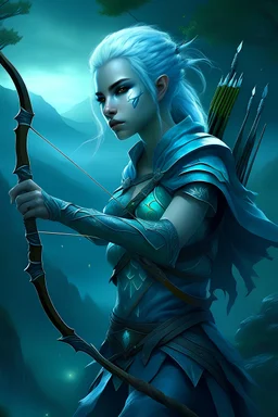 Female air genasi ranger, ethereal, flowing azure blue hair like wisps of cloud, glowing teal eyes, holding a longbow carved from storm-darkened wood, wearing leather armor embedded with turquoise stones that mimic a starry night sky, perched atop a windswept cliff, overlooking a mystical forest shrouded in morning mist, digital painting, ultra fine details, dramatic lighting.