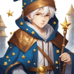 Fantasy World, A boy only wearing a closed wizards robe, and wearing a wizards hat. White Hair. Golden Eyes.