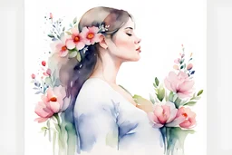 white background, portrait, watercolor, fine drawing, Pregnancy, flowers