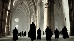 black robed monks standing before a massive cathedral