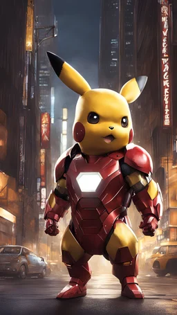 a highly detailed illustration of Pikachu wearing the iconic Iron Man armor, qualidade excepcional, dinamic pose, mischievous expression, urban night scenery, lighting dramatic, estilo de desenho hiper-realista