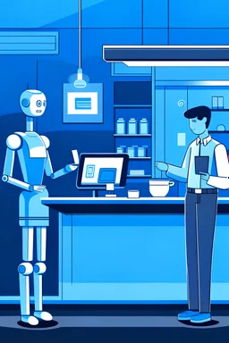 prompt: In the coffee shop with a blue background, there is a smart robot display screen at the checkout counter to talk to customers.In addition, there are two clerks in the coffee shop making coffee.