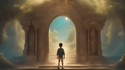 A boy stands in front of a closed magical gate, standing in all its splendor as a guardian of the mysterious worlds. The gate is decorated with complex historical inscriptions that reflect ancient stories and secrets that have not yet been revealed. The artistic details stand out in the statue, where light and shadow intertwine to create a magical painting. The portal emits vibrant, bright, almost muted colors, as if preparing to reveal hidden worlds beyond. The golden lock adds a final to